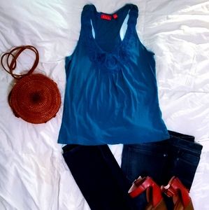 Elle green blue tank with rose ruffles